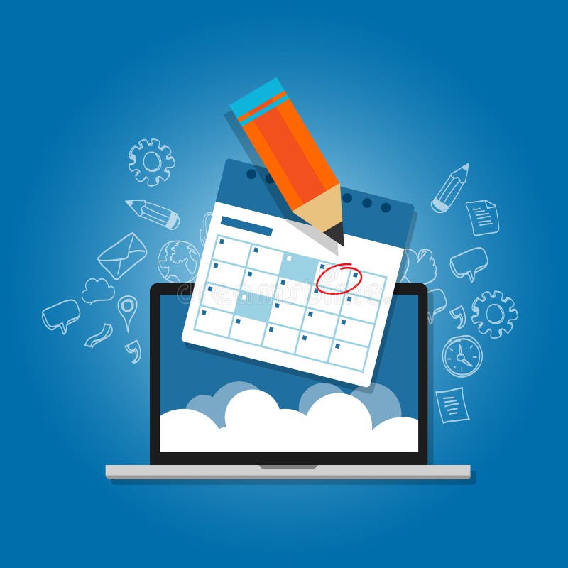 Zaznacza okrąg twój kalendarzowej agendy online obłoczny planistyczny laptop ilustracji Zaznacza okrąg twój kalendarzowej agendy online obłoczny planistyczny laptop ilustracji