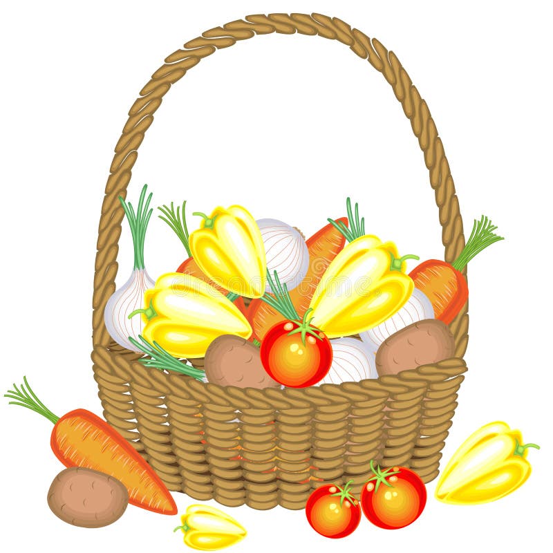 Zbierał wielkodusznego żniwo W koszu, grulach, marchewkach, pomidorach, cebulach i pieprzach, pi?kni ?wiezi warzywa wektor ilustracji Zbierał wielkodusznego żniwo W koszu, grulach, marchewkach, pomidorach, cebulach i pieprzach, pi?kni ?wiezi warzywa wektor ilustracji