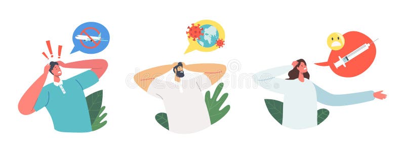 Zbiór postaci męskich i żeńskich o różnych rodzajach strachu. ludzie z fobią latają na światowej pandemii ilustracja wektor