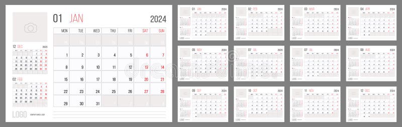 Zbiór projektów szablonu korporacyjnego planowania kalendarza 2024 ilustracji