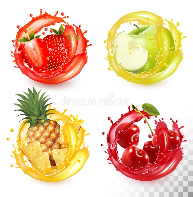 Set of fruit juice splash. Strawberry, pineapple, apple, cherry. Vector. Set of fruit juice splash. Strawberry, pineapple, apple, cherry. Vector