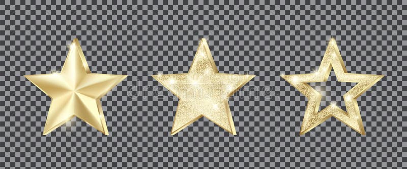 Set of golden stars with glitter. Christmas decoration element. Luxury elegant award - Star. Vector illustration isolated on transparent background. Set of golden stars with glitter. Christmas decoration element. Luxury elegant award - Star. Vector illustration isolated on transparent background