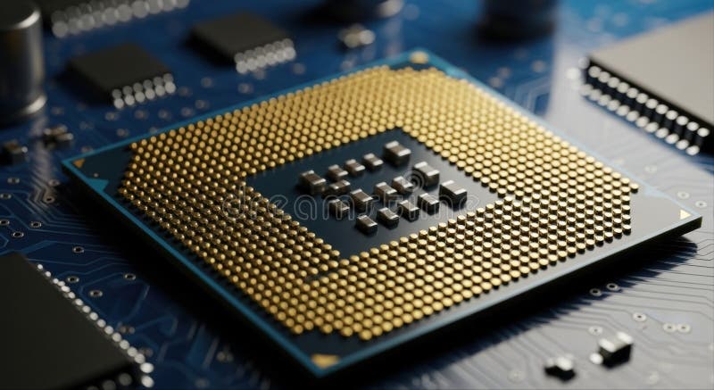 Zbliżenie chipu procesora na płytce niebieskiego obwodu drukowanego z podkreśleniem nowoczesnej technologii obliczeniowej royalty ilustracja
