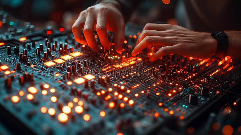 Zbliżenie djs rękami mieszanie muzyki na płycie dźwiękowej z czerwonymi i pomarańczowymi światłami ilustracja wektor