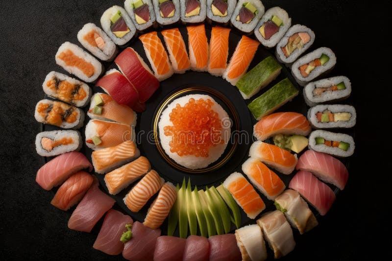 Close-up of assorted sushi pieces arranged in a circular pattern, showcasing the artful presentation and precision of Japanese sushi-making, AI Generated image of food. Close-up of assorted sushi pieces arranged in a circular pattern, showcasing the artful presentation and precision of Japanese sushi-making, AI Generated image of food