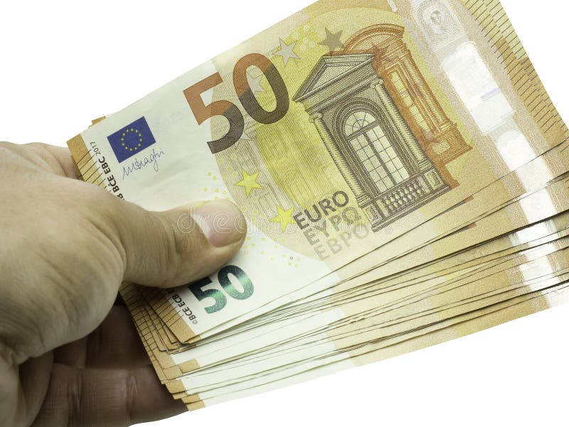 Zbliżenie ręki mienia paczka 50 banknoty odizolowywających na bielu euro rachunków lub zdjęcie royalty free Zbliżenie ręki mienia paczka 50 banknoty odizolowywających na bielu euro rachunków lub zdjęcie royalty free