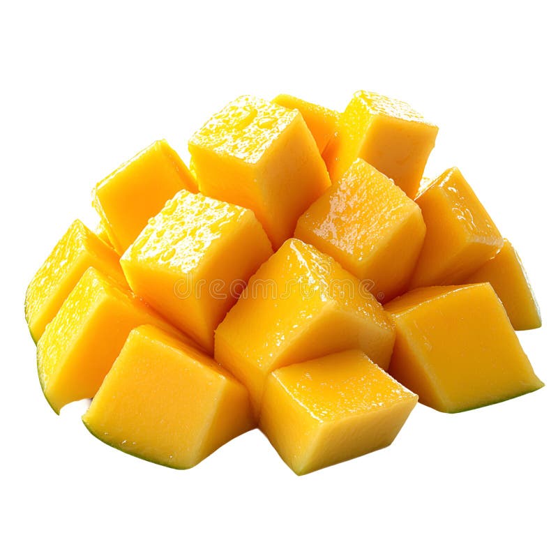 Zbliżenie stos świeżych kostek mango na białym tle w studio ilustracji