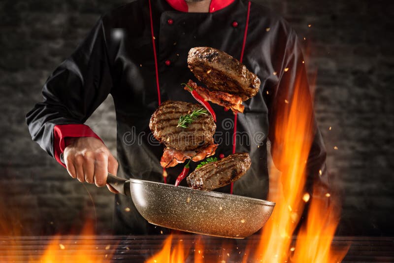 Zbliżenie szefa kuchni miotania hamburgeru stki ilustracja wektor Zbliżenie szefa kuchni miotania hamburgeru stki ilustracja wektor