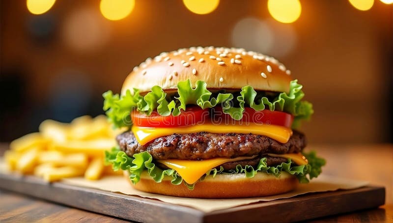 Zbliżenie wielkiego i smacznego hamburgera z fryzurami francuskimi na żółtym tle ilustracja wektor