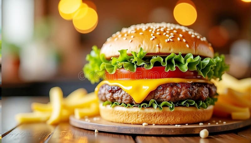 Zbliżenie wielkiego i smacznego hamburgera z fryzurami francuskimi na żółtym tle royalty ilustracja