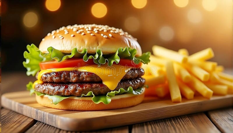 Zbliżenie wielkiego i smacznego hamburgera z fryzurami francuskimi na żółtym tle ilustracji