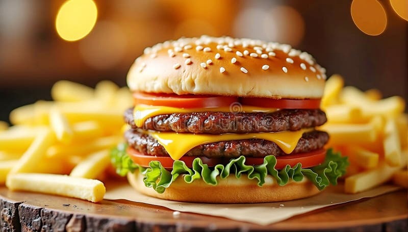 Zbliżenie wielkiego i smacznego hamburgera z fryzurami francuskimi na żółtym tle ilustracja wektor