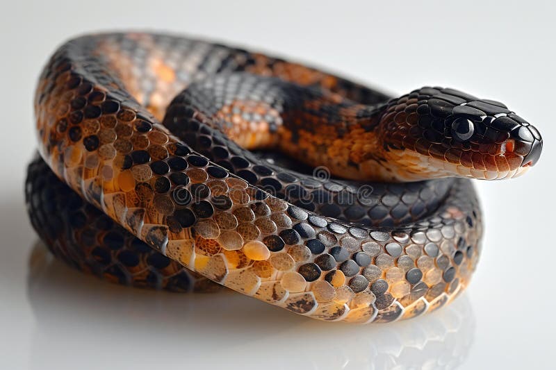 Zbliżenie żółtego i czarnego węża pręgowanego. Ilustracja "Closeup of the żółty and black striped ratsnake snake". Ilustracja ta jest generowana przy użyciu algorytmu AI.