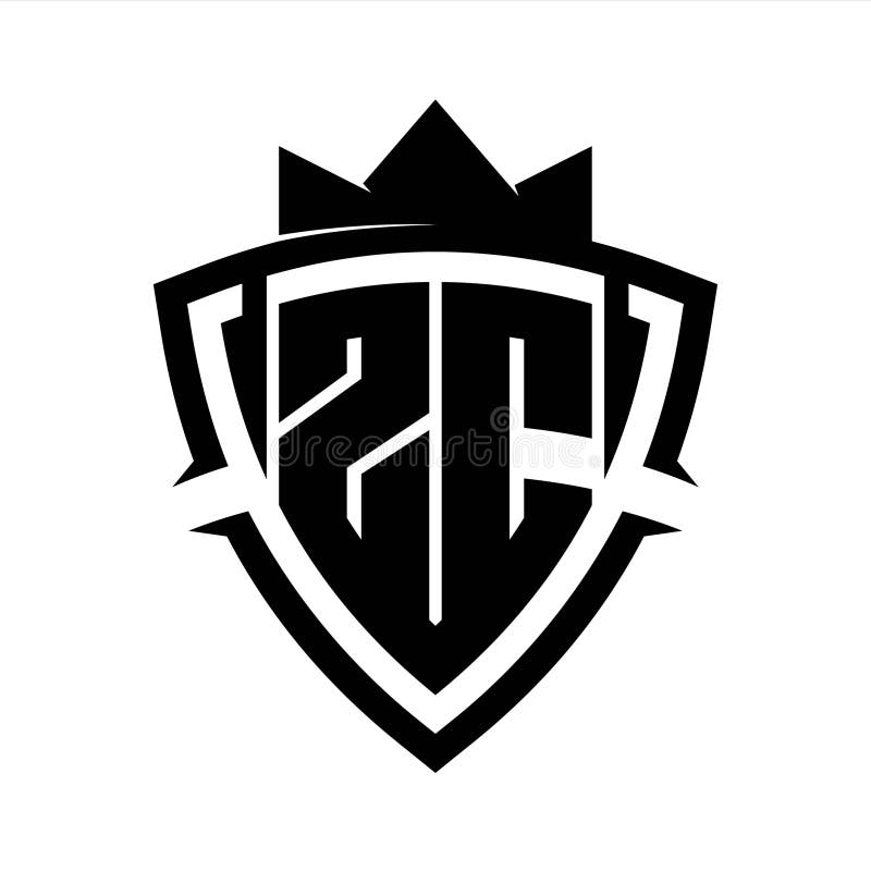 ZC Letter bold monogram triangle curve shield shape with crown black and white background color design royalty free illustration