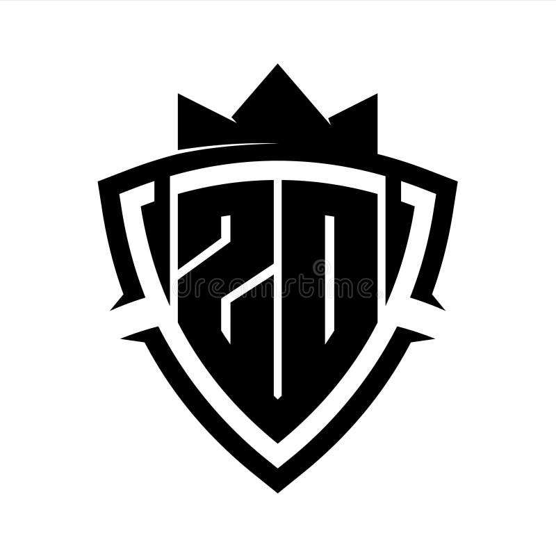 ZD Letter bold monogram triangle curve shield shape with crown black and white background color design stock illustration