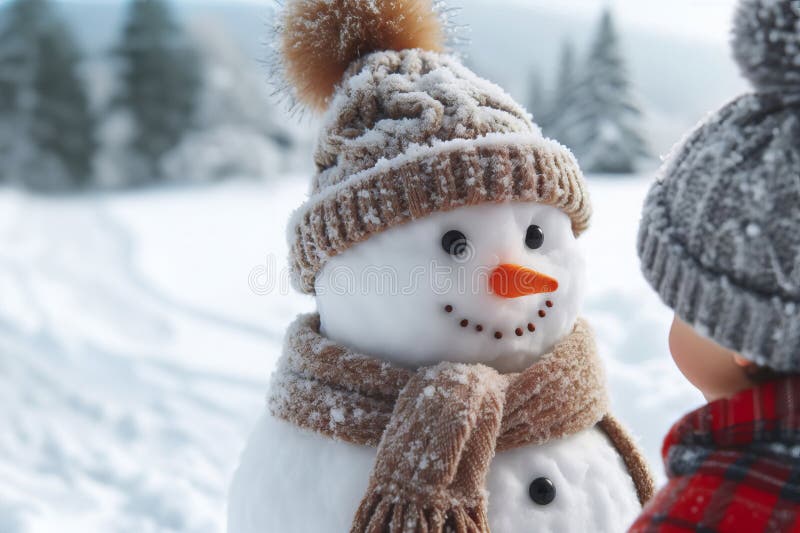 Zdjęcie małej dziewczynki obok snowmana szczegóły żywe scena dla reklamy szczegółowe zdjęcie pokazujące radosne zdjęcia stock