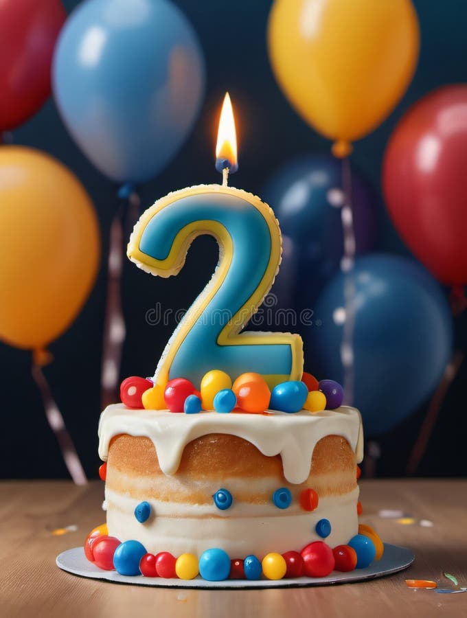 Concept Of Photo Of Number 2 Candle On A Second Year Birthday Or Anniversary Cake Celebration With Balloons And Party Decoration As Banner With Area. Generative AI. Concept Of Photo Of Number 2 Candle On A Second Year Birthday Or Anniversary Cake Celebration With Balloons And Party Decoration As Banner With Area. Generative AI