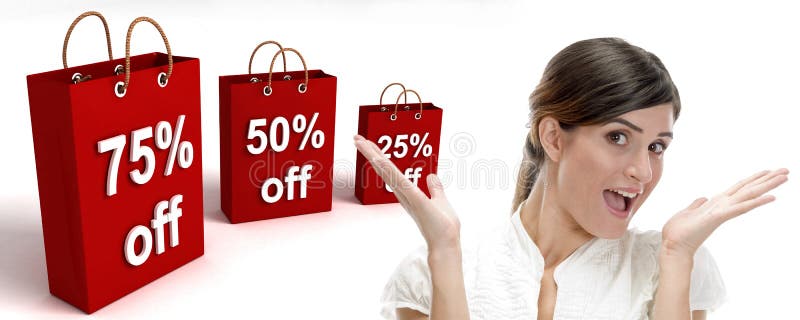 Three dimensional shopping bags and surprised businesswoman on an isolated white background. Three dimensional shopping bags and surprised businesswoman on an isolated white background