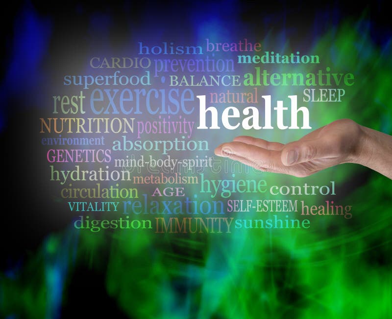 Male hand outstretched with the word 'Health' floating above, surrounded by a word cloud on a vibrant green and blue modern grunge background. Male hand outstretched with the word 'Health' floating above, surrounded by a word cloud on a vibrant green and blue modern grunge background