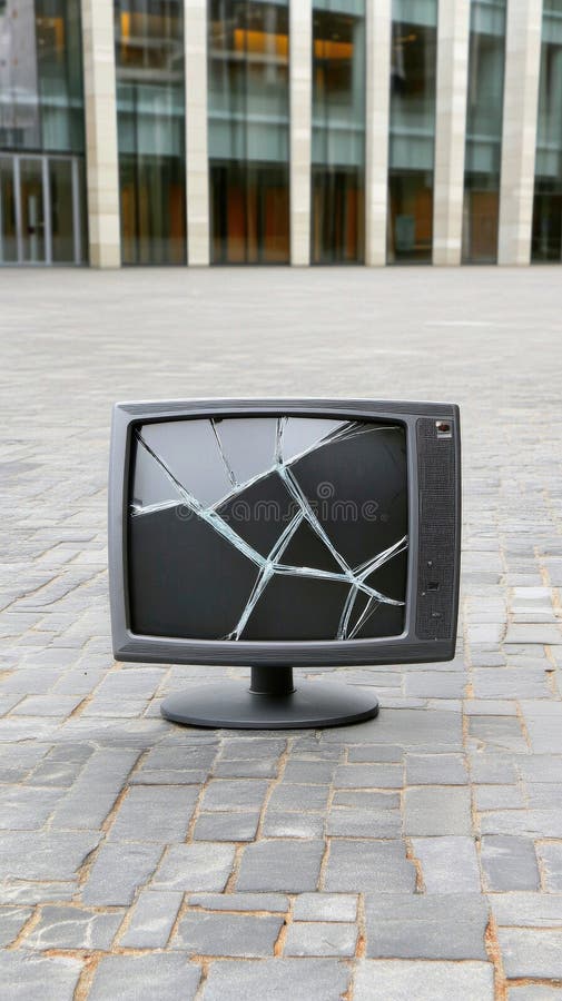 Zdruzgotany monitor komputerowy opuszczony jest w biurze wypełnionym gruzem odzwierciedlającym zużycie nowoczesnej technologii zdjęcie stock