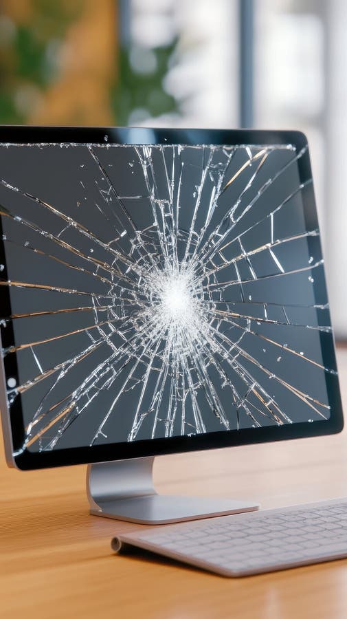 Zdruzgotany monitor komputerowy opuszczony jest w biurze wypełnionym gruzem odzwierciedlającym zużycie nowoczesnej technologii zdjęcie stock