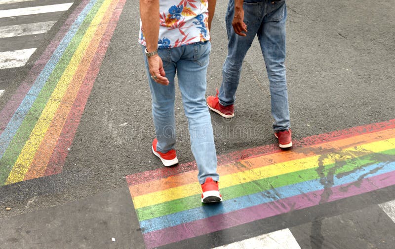 Zebra Crossing and a Rainbow Flag on the Road. Lgbt Stock Image Image