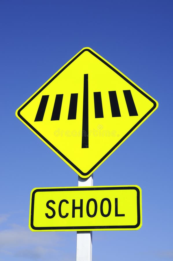 Zebra Crossing Road Sign with School Stock Photo - Image of crossing