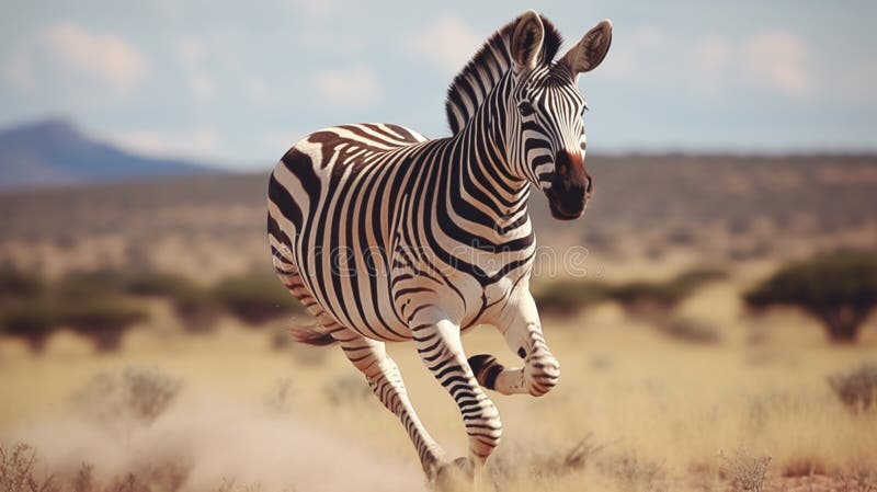 Zebra equus burchells som kör och hoppar. ai generative royaltyfri illustrationer