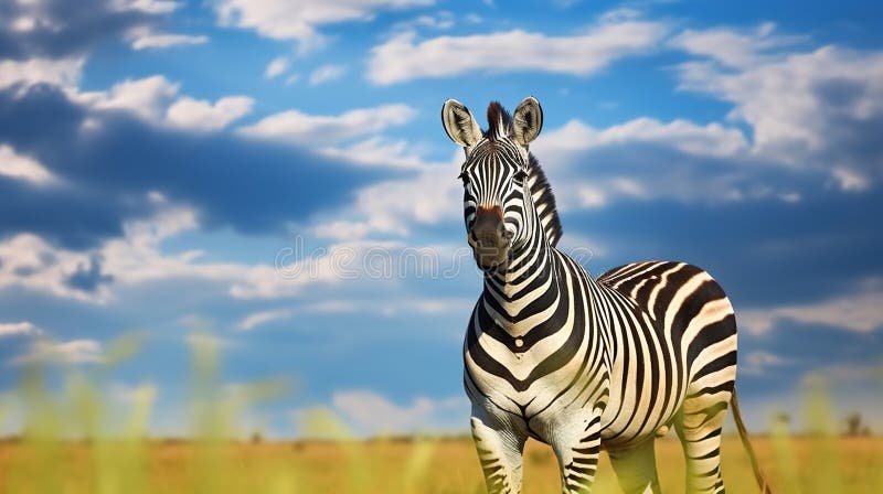 Zebra med blåstormhimmel. burchells zebra botswana africa. vilda djur på den gröna ängen. generativ ai vektor illustrationer