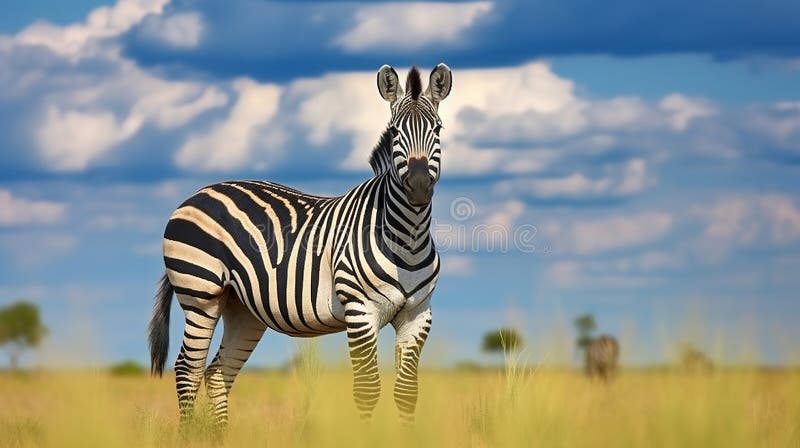 Zebra med blåstormhimmel. burchells zebra botswana africa. vilda djur på den gröna ängen. generativ ai stock illustrationer