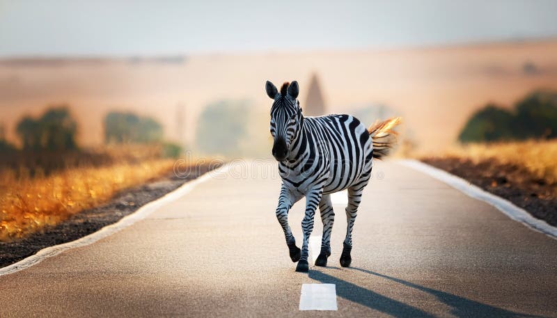 Zebra überquert die Straße ein Zebra direkt auf einer Straße mit Zebraüberquerung Markierungen. Zebra überqueren die Straße ein zebra direkt auf einer Straße mit Zebra Kreuzung Markierungen zebra auf Straße zebra Kreuzung Tier wild in unerwarteten Stellen Tier auf Straße surreal zebra