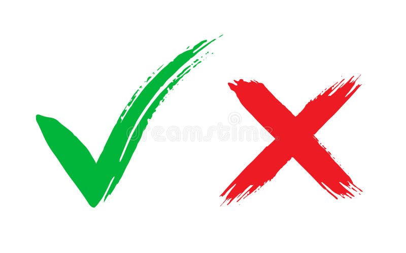 Zecken- und Kreuzbürstenzeichen Grünes Kontrollkästchen OK und rote X-Symbole, isoliert auf weißem Hintergrund Symbole JA und NEI