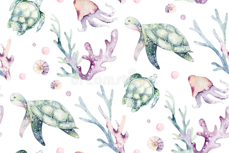 Sea animals blue watercolor ocean seamless pettern fish, turtle, whale and coral. Shell aquarium background. Nautical marine illustration. Sea animals blue watercolor ocean seamless pettern fish, turtle, whale and coral. Shell aquarium background. Nautical marine illustration