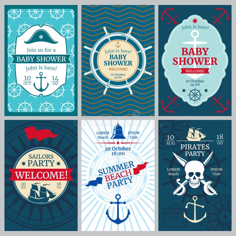 Zeevaartbabydouche, verjaardag, vector de uitnodigingskaarten van de strandpartij royalty-vrije illustratie Zeevaartbabydouche, verjaardag, vector de uitnodigingskaarten van de strandpartij royalty-vrije illustratie