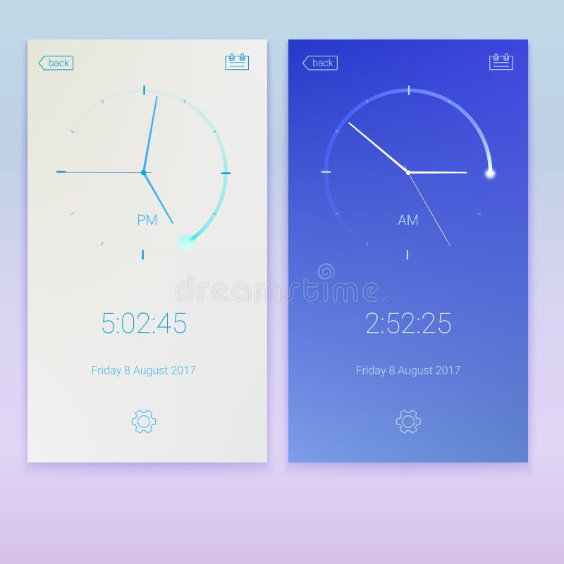 Zegarowy zastosowanie, pojęcie UI projekta, dnia i nocy warianty, Digital app, interfejsu użytkownika zestaw, UI elementy Wisząca ilustracji Zegarowy zastosowanie, pojęcie UI projekta, dnia i nocy warianty, Digital app, interfejsu użytkownika zestaw, UI elementy Wisząca ilustracji