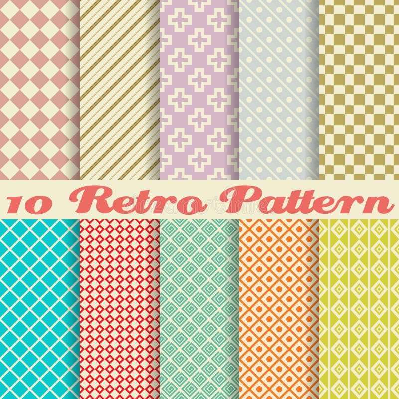 Zehn nahtlose Muster des Retro- unterschiedlichen Vektors stock abbildung Zehn nahtlose Muster des Retro- unterschiedlichen Vektors stock abbildung