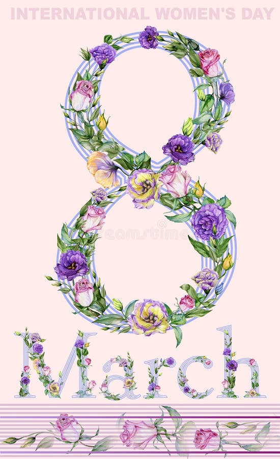 Zeichen am 8. März verziert mit schönen Rosen- und Eustomablumen Acht März-Grußkarte lizenzfreie abbildung