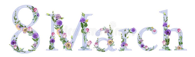 Zeichen am 8. März verziert mit schönen Rosen- und Eustomablumen Illustration für den Tag der internationalen Frauen vektor abbildung