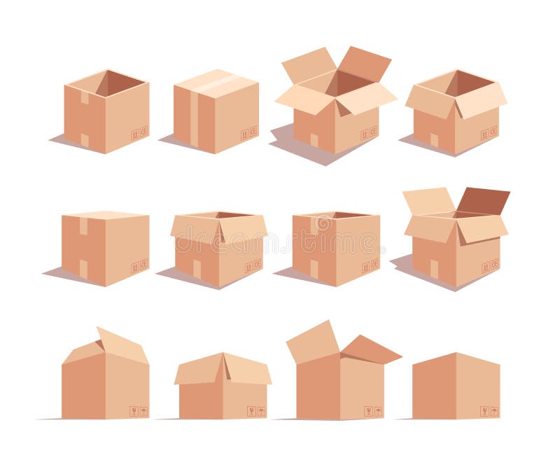 Zeichensatz für Kartonboxen mit isometrischen 3D-Vektorgrafiken lizenzfreie abbildung