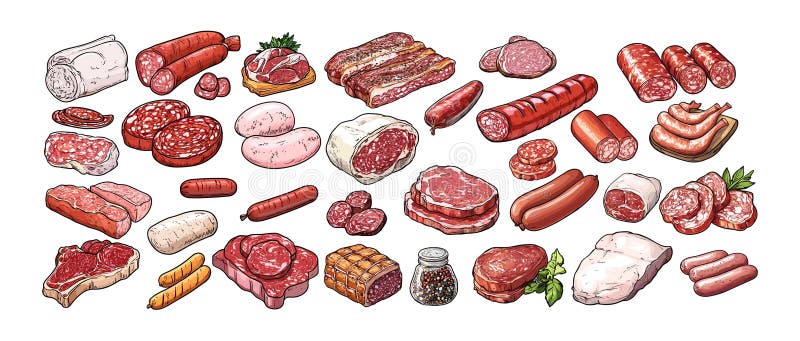 Zeichensatz für rote und weiße Fleischerzeugnisse. Salami Würstchen Hot Dog Speck Hühnerfleisch bbq Rindfleisch Steak Geflügelfile stock abbildung