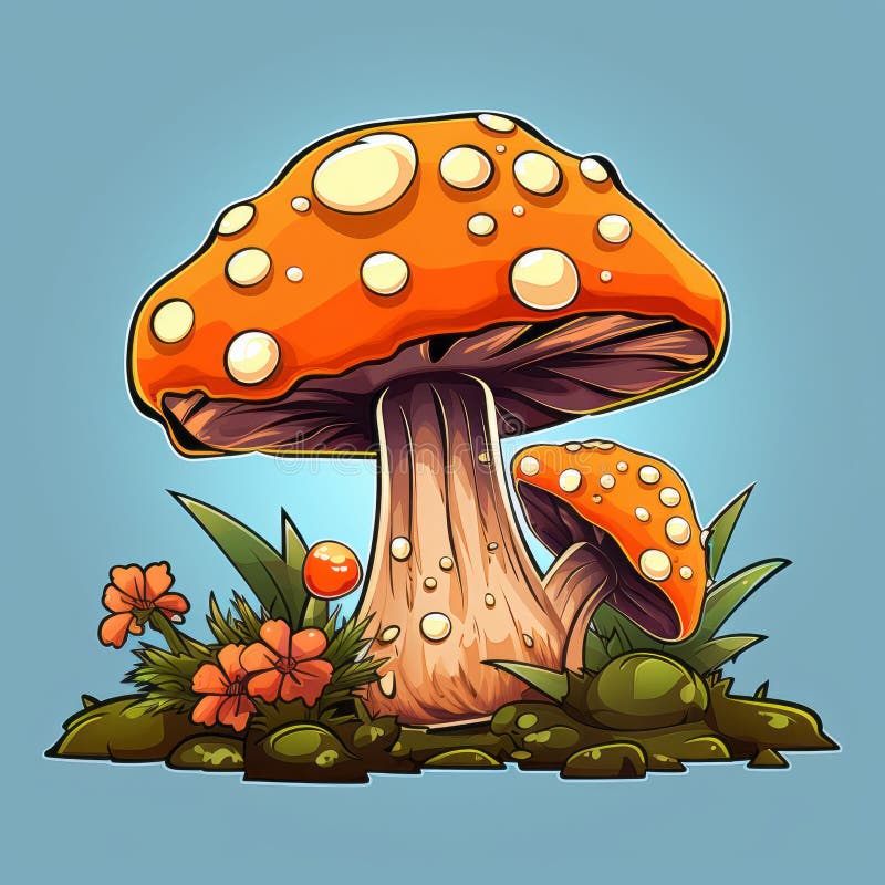 Zeichentrickdarstellung eines orangefarbenen Pilzes auf blauem Hintergrund stock abbildung