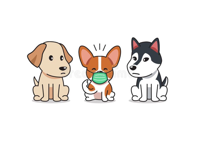 Zeichentrickfilm-Figur Corgihund, der Schutz der Gesichtsmaske mit anderen Hunden trägt