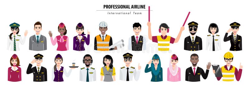 Zeichentrickfilm-Figur mit der halben Berufsfluglinienteam Körperfahne der Flughafenmannschaftsaktion im einheitlichen Vektor vektor abbildung