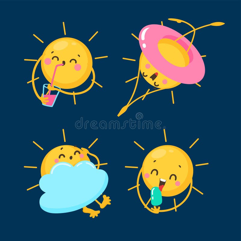 Cartoon set of suns icon with different emotions. Funny  characters of sun. Sunny banner design template. Flat style. Symbol bright and beautiful illustration. Cartoon set of suns icon with different emotions. Funny  characters of sun. Sunny banner design template. Flat style. Symbol bright and beautiful illustration