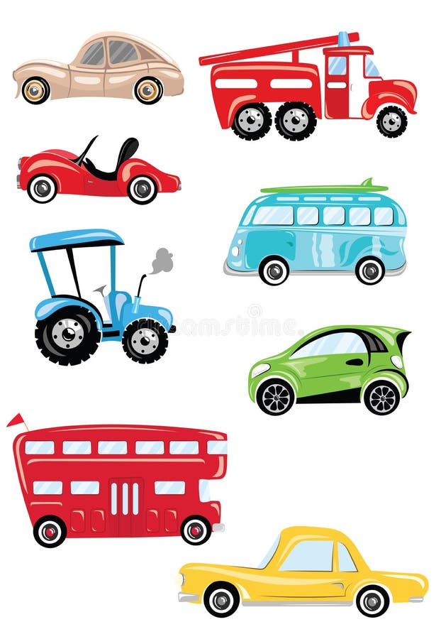 Zeichentricktransport Sammlung von Personenkraftwagen und Bussen Vector-Abbildung für Kinder Spielzeug lizenzfreie abbildung Zeichentricktransport Sammlung von Personenkraftwagen und Bussen Vector-Abbildung für Kinder Spielzeug lizenzfreie abbildung