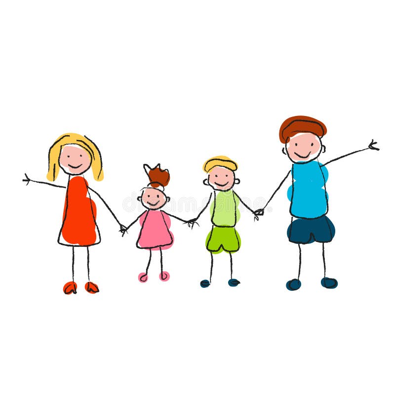 Zeichnende Kinder, glückliche Familie Zeichnendes Kind seiner Familie Vektorabbildung auf wei? em Hintergrund lizenzfreie abbildung