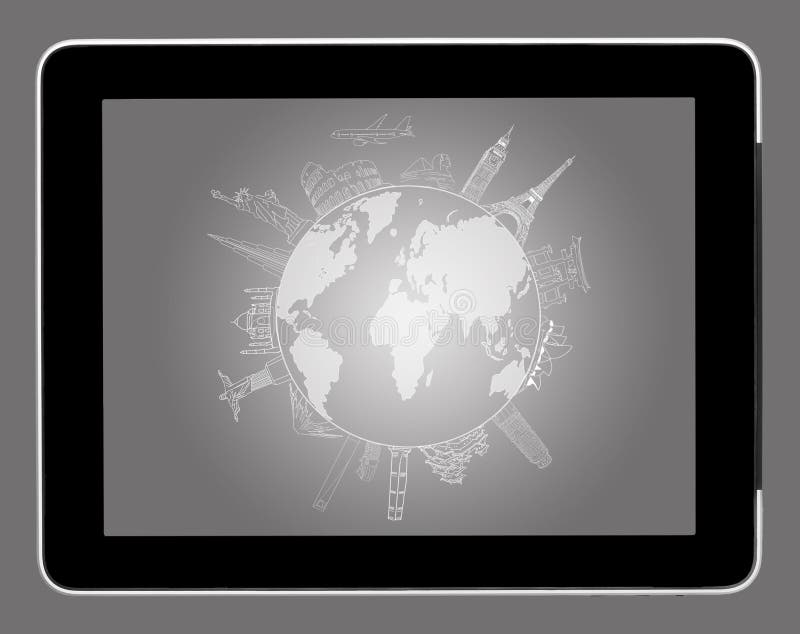 zeichnende Reise um die Welt auf Tablette-PC stock abbildung zeichnende Reise um die Welt auf Tablette-PC stock abbildung