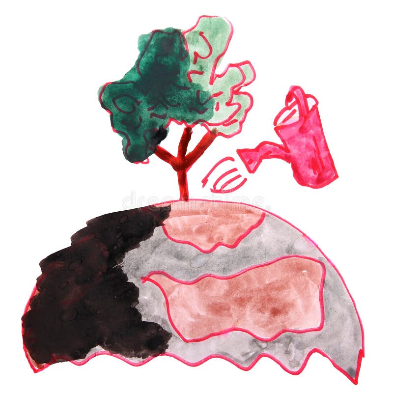 Zeichnungskinderaquarell-Naturschutzkarikatur auf einem Weiß vektor abbildung Zeichnungskinderaquarell-Naturschutzkarikatur auf einem Weiß vektor abbildung