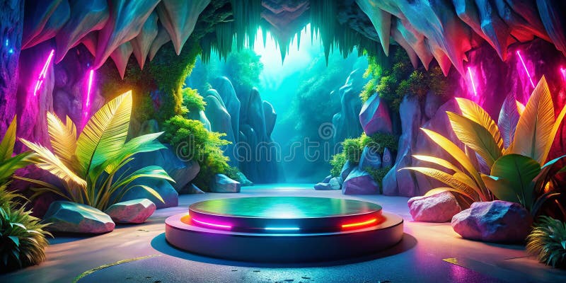 Zeigen Sie Ihr Produkt in einem tropischen Paradies Ein mystisches Höhlenkristall-Podium für atemberaubende Visuals stock abbildung
