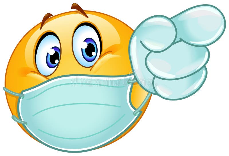 Emoji emoticon with medical mask over mouth and disposable gloves pointing forward. Emoji emoticon with medical mask over mouth and disposable gloves pointing forward